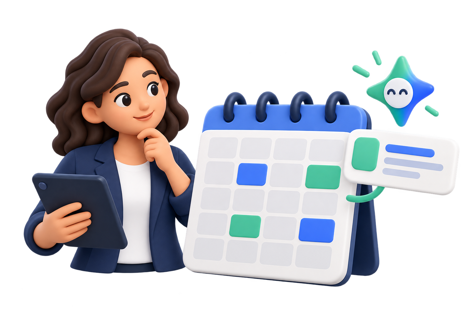 A business owner reviewing an appointment calendar with an assistant suggestion.