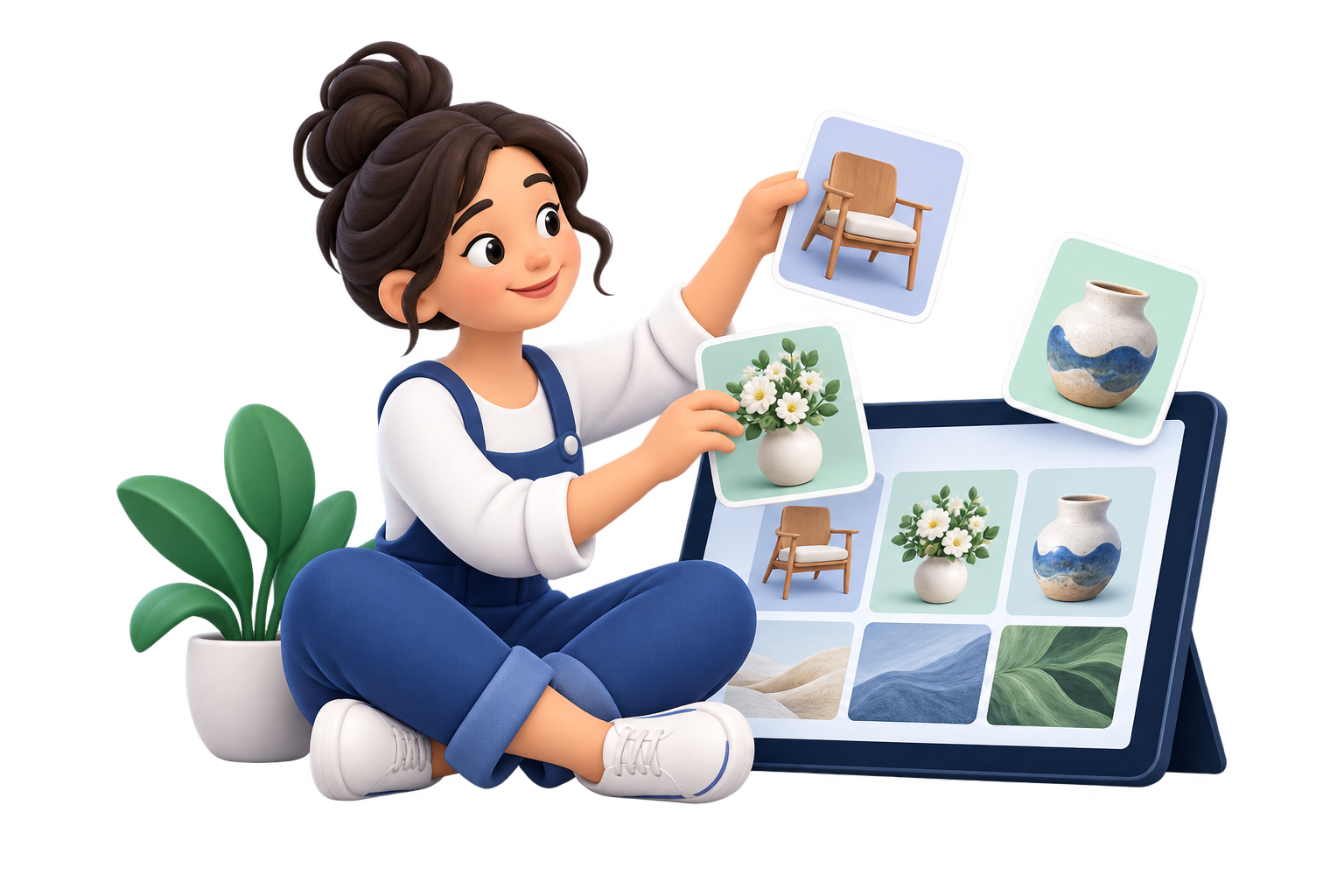 A business owner arranging project images beside a tablet displaying a portfolio.